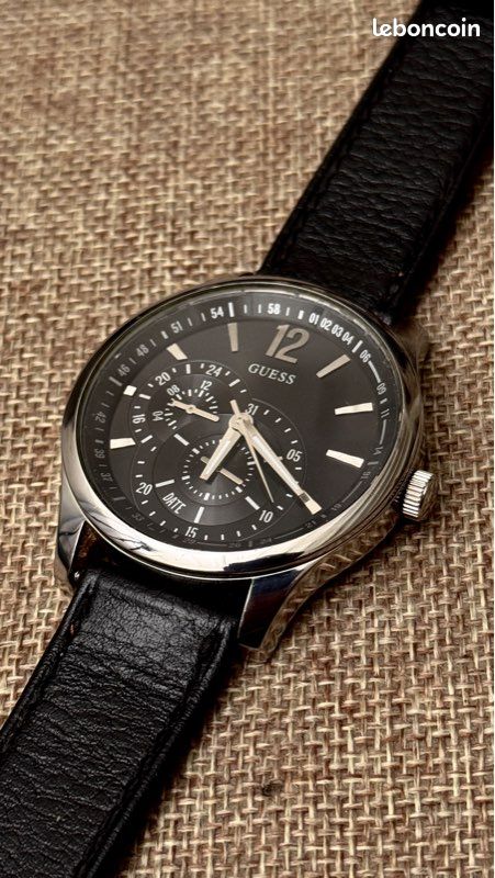 Montre Guess Homme - Cuir Noir, Boîtier Acier, Quartz - Neuve Avec Étiquettes, Livraison Gratuite