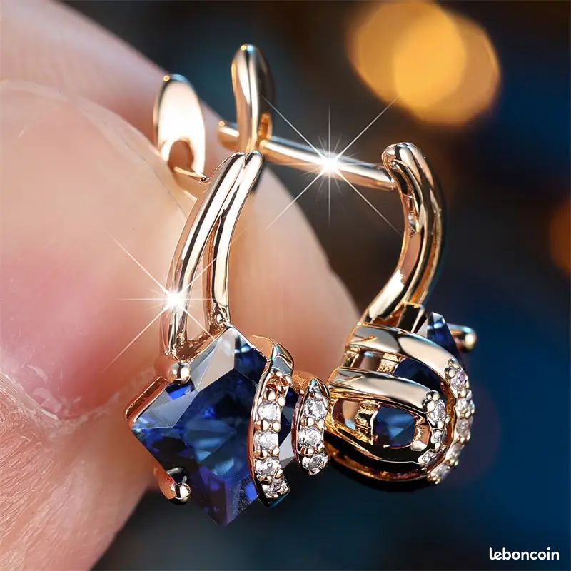 Boucles D'oreilles Femme Diamant Et Saphir Bleu - Version Dorée V1, Clips, Neuf Avec étiquettes