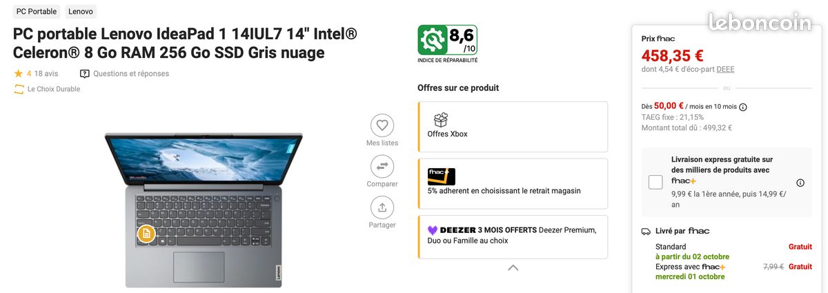 PC portable Lenovo IdeaPad 1 14IUL7 14" Intel® Celeron® 8 Go RAM 256 Go SSD (image 6)