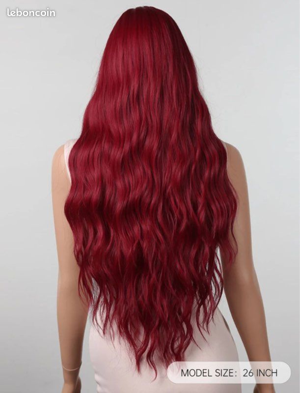 Perruque Synthétique Longue Bouclée Rouge Avec Frange – Bonnet Moyen, Style Naturel