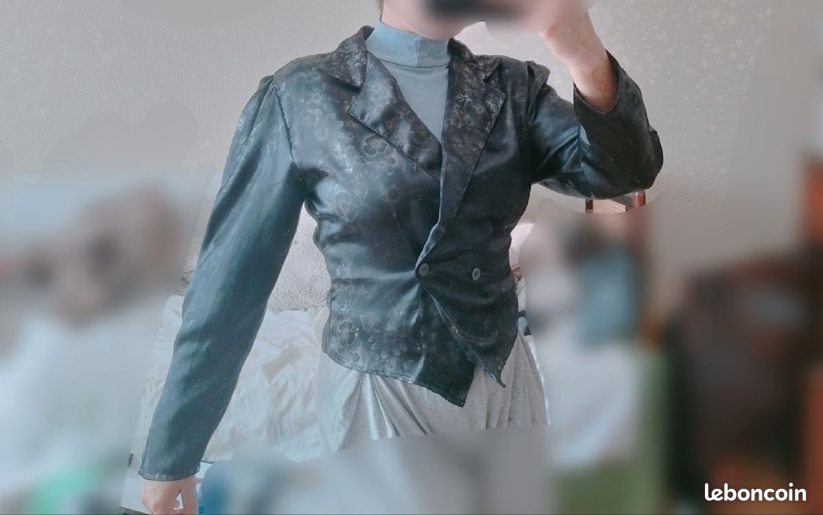 Veste veston satin imprimé floral fleurs col revers col V double boutonnage épaulettes chatoyant (image 2)
