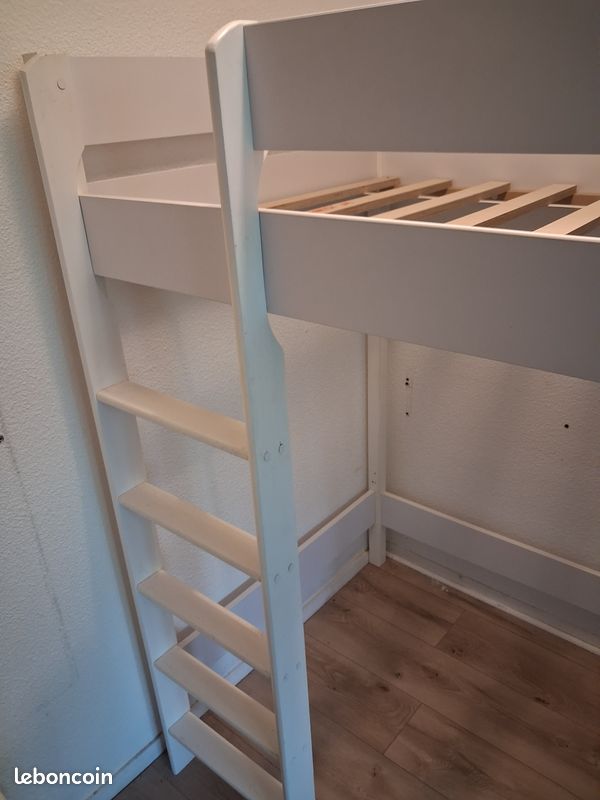 Lit mezzanine 1 place bois blanc avec matelas - couette et housse de couette (image 2)