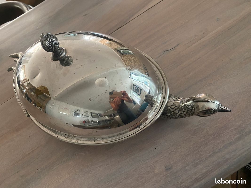 Service cloche à foie gras en métal argenté vintage français,plat à foie gras décor canard, plateau de découpe en verre - France