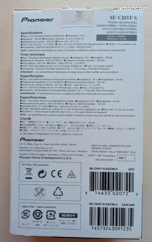 Casque intra Pioneer neuf scellé SE-CH5T-S (image 3)