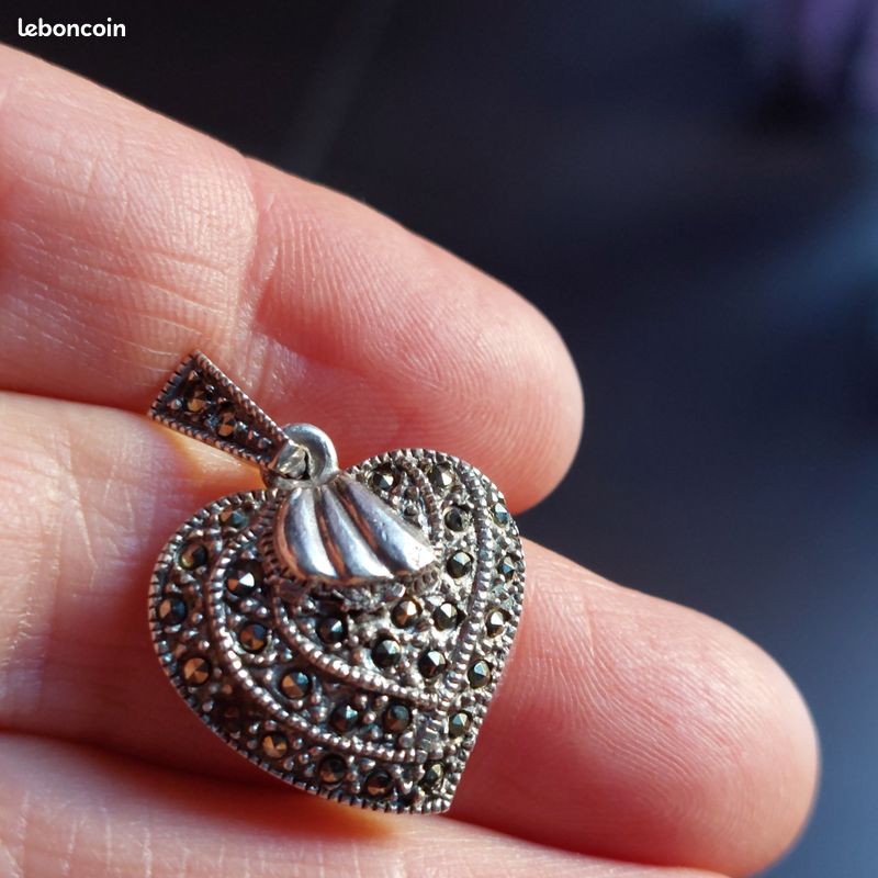 Pendentif Ancien En Argent Massif 925 Avec Marcassites - Bijou Vintage - Occasion
