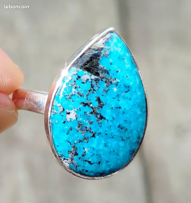Bague En Argent Sterling 925 Avec Turquoise Naturelle Du Mexique (Campitos) Et Pyrite - Taille Ajustable, 6.40g - Neuf Sans Emballage
