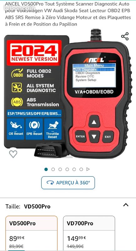 ANCEL VD500Pro Tout Système Scanner Diagnostic Auto pour Volkswagen VW Audi  Skoda Seat Lecteur OBD2 EPB ABS SRS Remise à Zéro Vidange Moteur et des  Plaquettes à Frein et de Position du