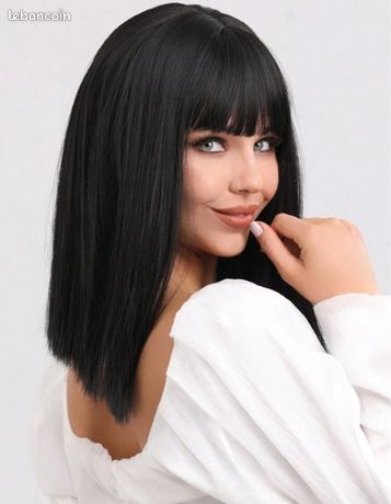 Perruque Synthétique Courte Carré Noir Lisse - Avec Frange Et Bonnet Réglable - Pour Femme - Neuf Avec étiquettes