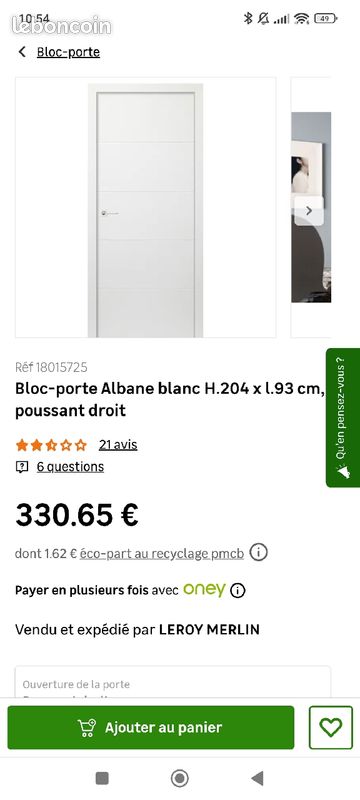 Bloc-porte blanc Leroy Merlin H.204 x l.93 cm (image 1)