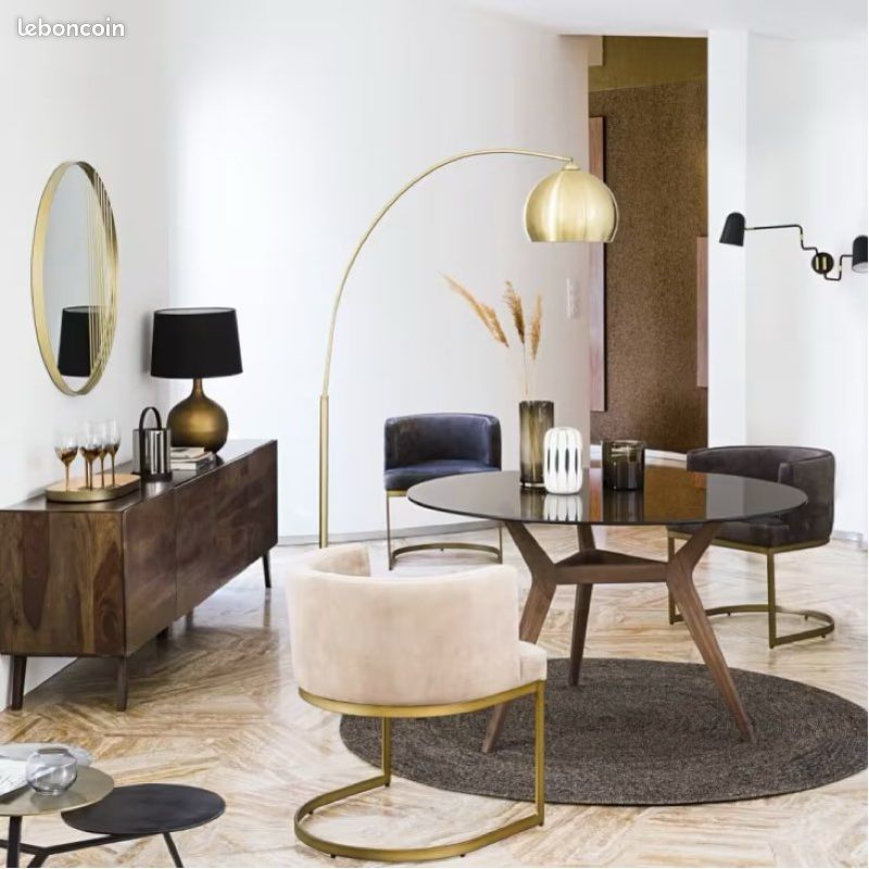 Fauteuil chaise en velours taupe pieds en acier coloris laiton REQUIEM MAISON DU MONDE NEUF (image 5)