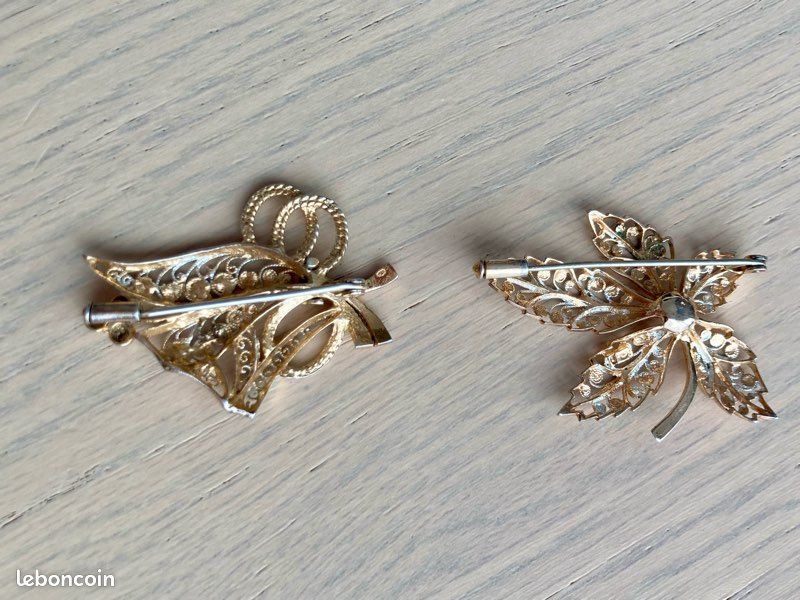 Lot de 2 Broches Vintage Filigrane Argent Vermeil - Motif Feuille & Bouquet (image 2)