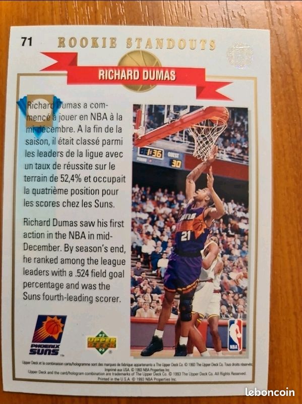 Carte Collection 🏀 basketball Upper Deck 1992 93 #71 Richard Dumas Phoenix Suns (image 2)