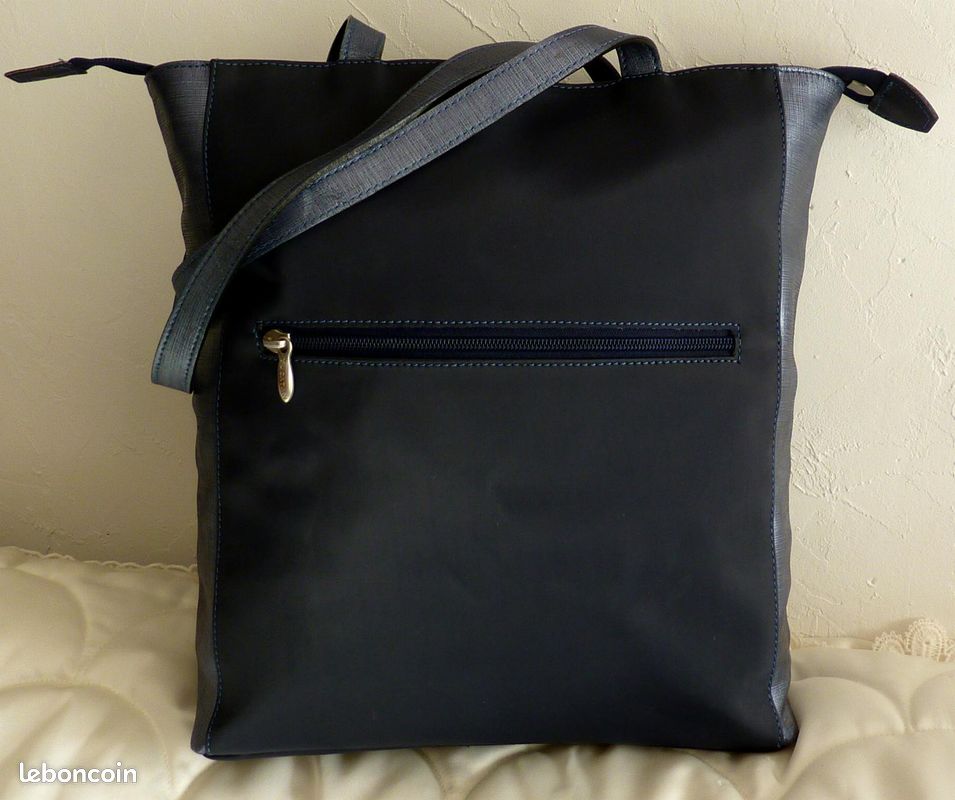 RARE Grand Sac Porté Epaule YUCATAN Toile Enduite Bleu Marine & Cuir Métallisé Bleu (image 2)