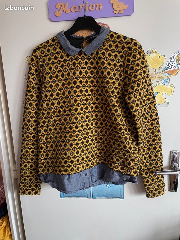 Pull chemise jaune et bleu à motifs noirs, taille Xs, marque Bonobo (image 1)