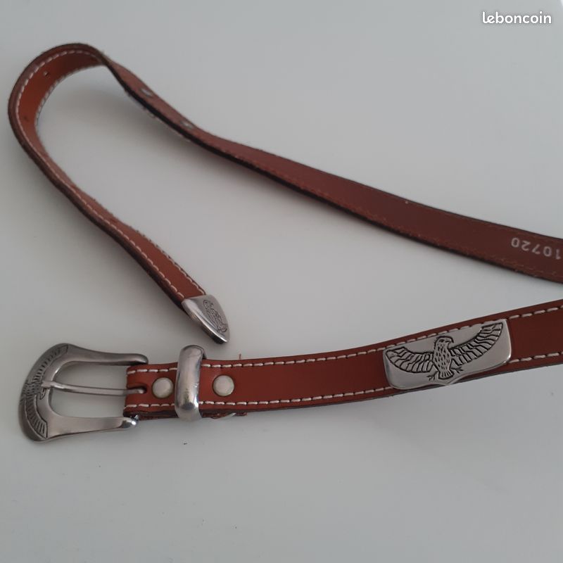 Ceinture En Cuir Vachette Boucle Aigle Laiton - Taille 106-114 Cm, Occasion TBE