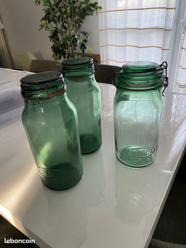 Bocaux Anciens en verre vert, Solidex, Durfor, L'idéale