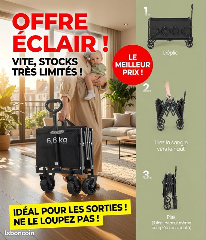 Chariot de Transport Pliable 150L 120kg - Camping Jardin Courses - 4 Roues 360° Compact Noir (image 4)