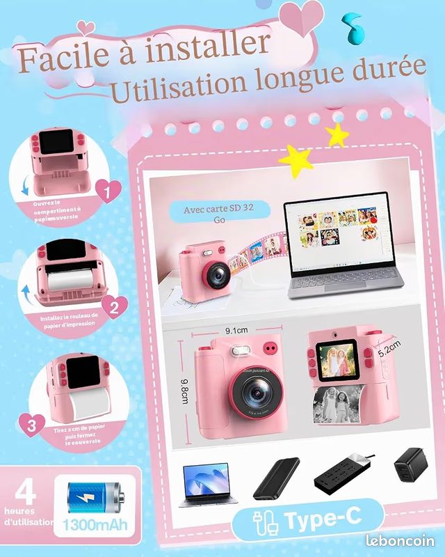 Appareil Photo Instantané Enfant - 12 MP - 1080P - Carte 32 Go Incluse - Papier D'impression - Cadeau 3-12 Ans