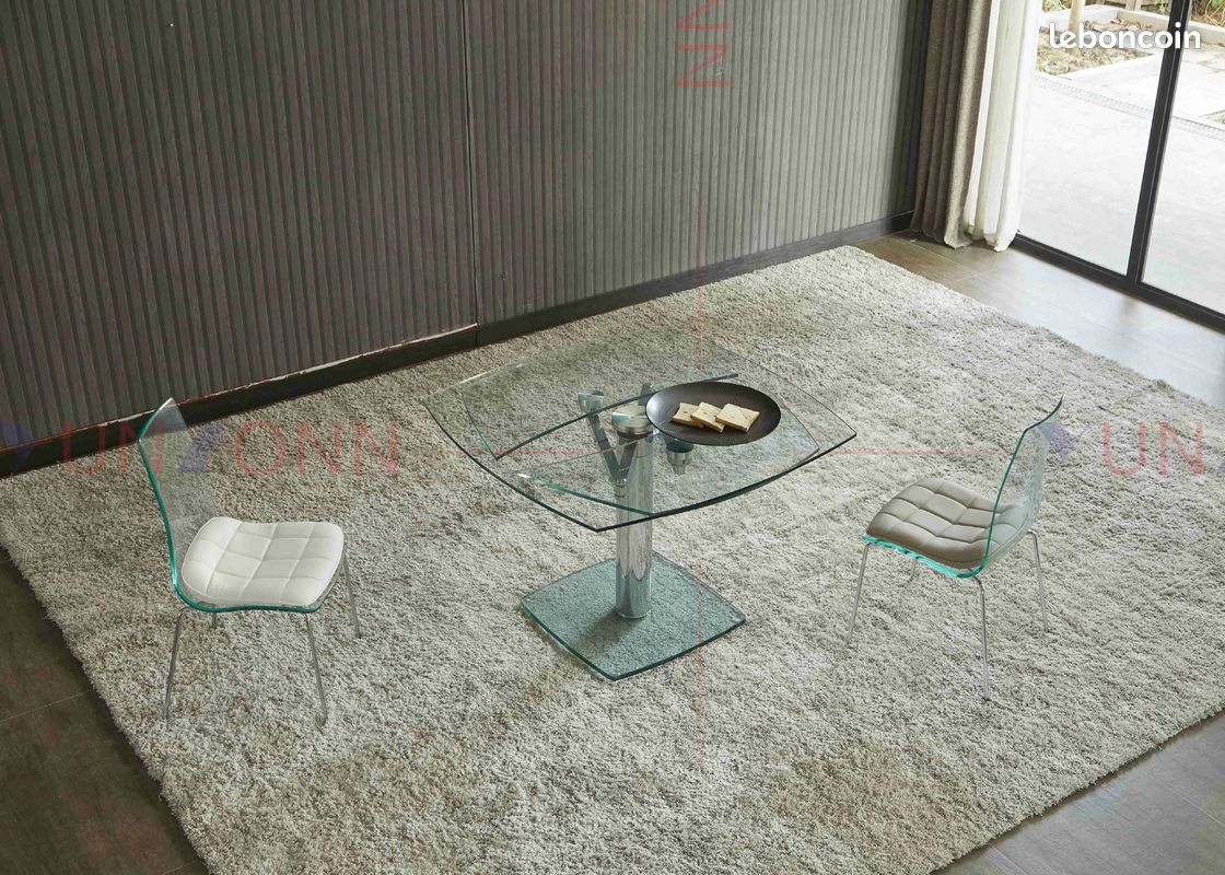 Table à manger verre trempé transparent extensible avec rallonges intégrées design moderne (image 1)