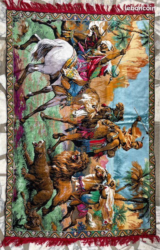 ANCIENNE TAPISSERIE MURALE SCENE de CHASSE à COURRE 96 x 46 cm
