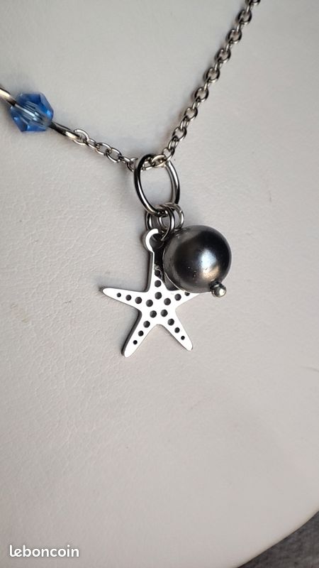Pendentif Chaîne étoile De Mer - Cristal Bleu, Tour De Cou 16 Pouces, Argenté