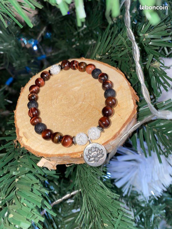 Bracelet pierre naturel œil de taureau, pierre de lave et cristal de roche craquelé (image 1)