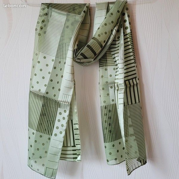 Foulard femme long polyester 70 x 33 cm Pois rayure vert olive (image 1)