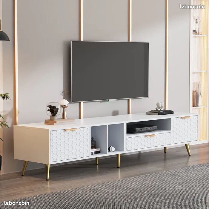 Meuble TV moderne 180 cm - Neuf dans carton - Blanc nid d’abeille (image 3)