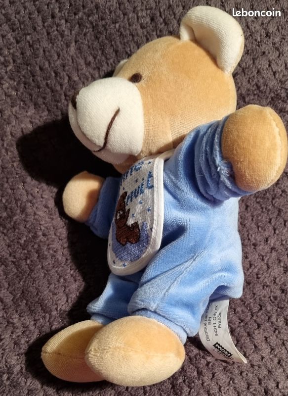 BAISSE DE PRIX Doudou ourson bleu NEUF (CADEAU NOËL bébé Peluche toute douce de 22cm)/ DMC /Bavoir brodé maison (image 7)
