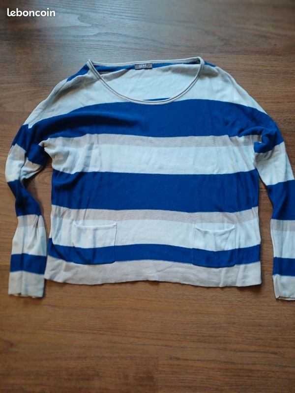 Pull bleu/crème/marron clair (image 1)