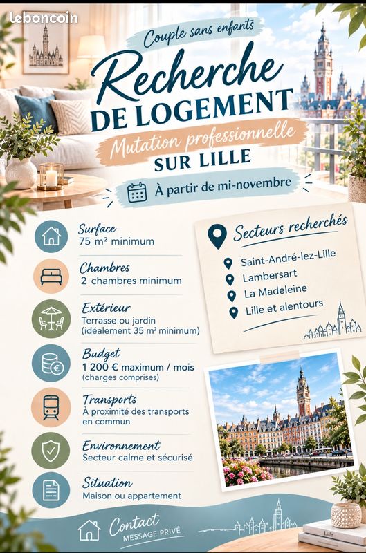 Maison 3 pièces 80 m² · à Lille · 80 m² · 1 200 €/mois