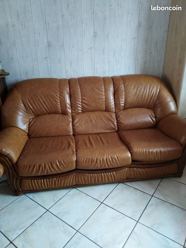 Canapé + 2 fauteuils marrons (image 1)