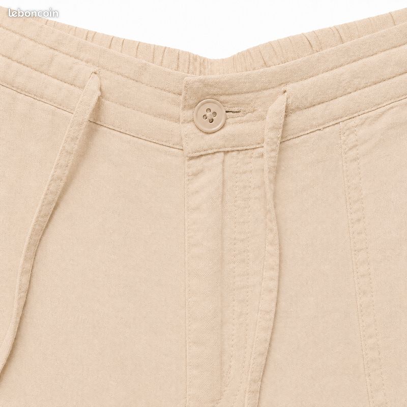 Pantalon Femme Large Poches Coupe Droite Fluide été Lin Beige/Sable - C'EST BEAU LA VIE – Taille 42 / L – Chic Plage Vacances (image 6)