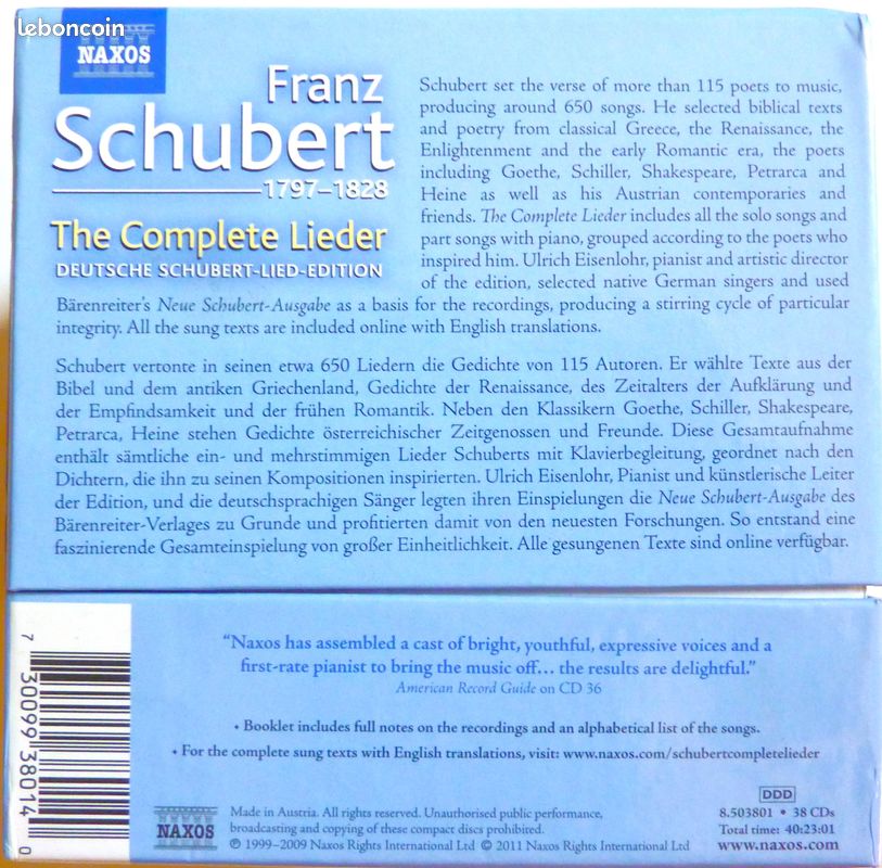 Coffret 38 CD : Intégrale des lieder de SCHUBERT sous la direction de Ulrich Eisenlohr / NAXOS / Musique classique / Chant (image 13)