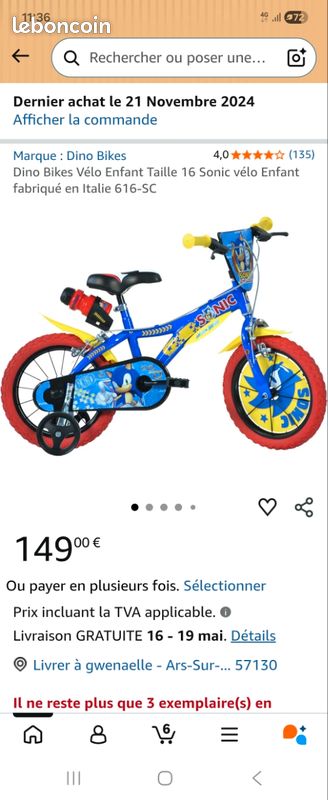 Dino Bikes Vélo Enfant 16 Pouces Sonic - Fabriqué En Italie Avec Stabilisateurs Et Gourde, Modèle 616-SC