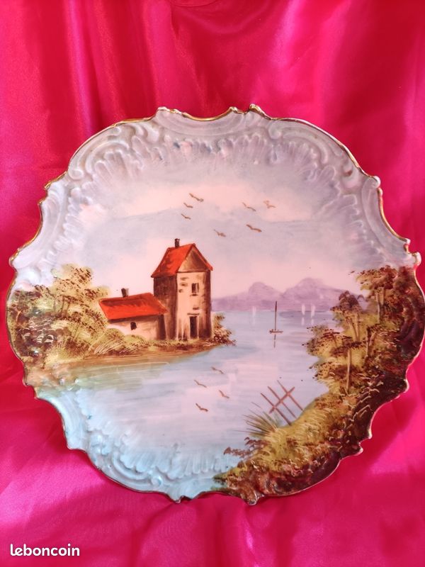 Ancienne assiette PAYSAGE bordure dentelee est doree (image 6)