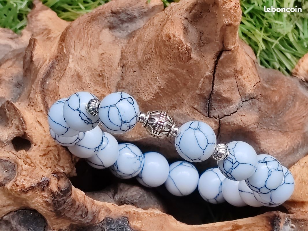 Bracelet pierres howlite blanche striée grise 10 mm (image 6)