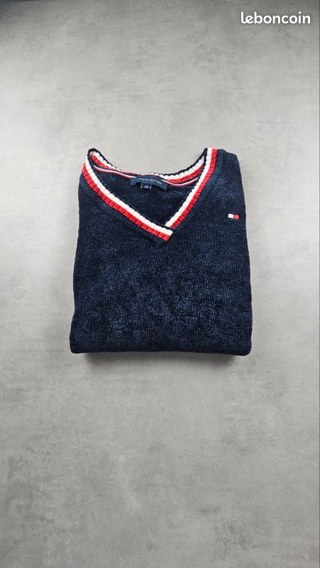 Tommy Hilfiger Pull femme S/P bleu marine col V chenille doux logo brodé (image 1)