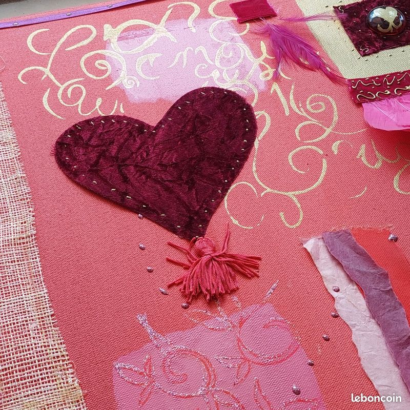 Tableau Toile Déco Cœur Et Fleurs Roses - 60x60cm Style Romantique - Neuf Cadre Bois