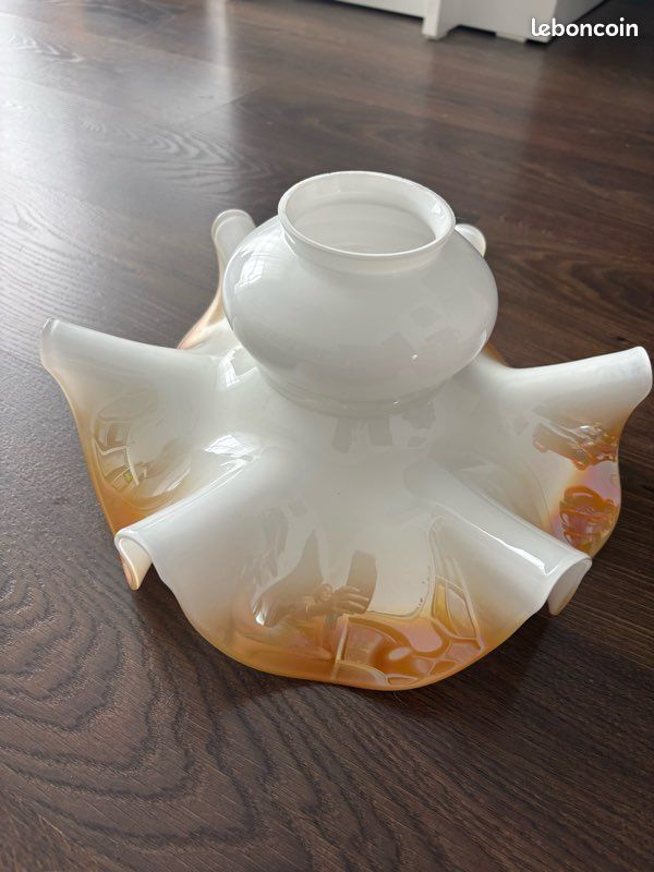 🌟 Abat-jour en opaline – Verre festonné irisé – Dégradé orange blond – Vintage – Très bon état (image 1)