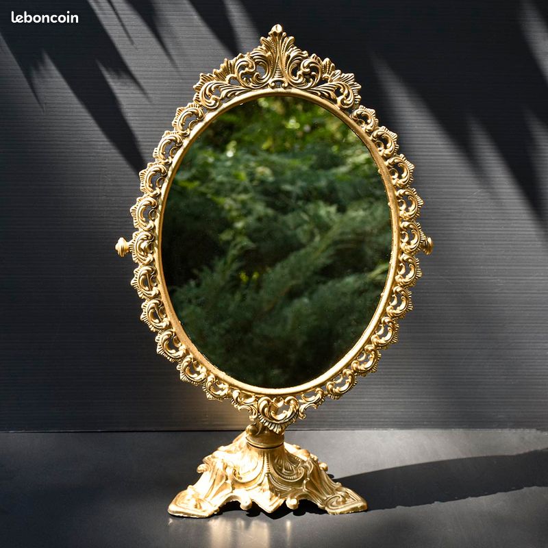 Psyché miroir doré ovale pivotant à poser sur pied H 50 cm rocaille arabesque (image 12)