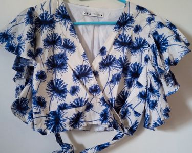Chemisier Fille Zara Brodé De Fleurs - Taille 8 Ans, Bleu, Coton - Très Bon état