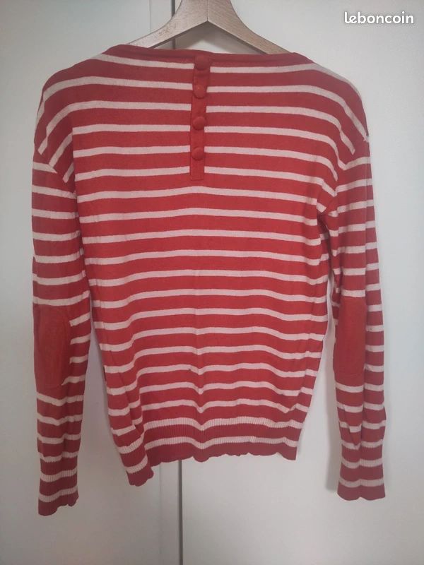 Pull Courrèges Vintage Col Montant Rayé Marinière Rouge - Taille 2 (Femme) - Occasion Très Bon état