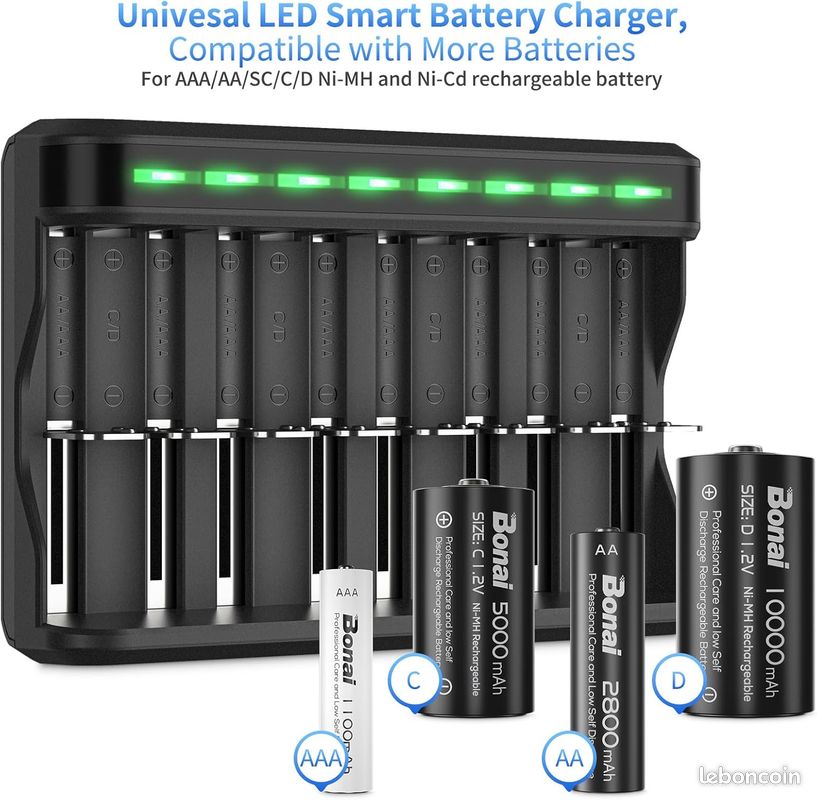 Chargeur Universel de Piles Alcalines et C/D/AA/AAA/6LR61 Ni-Cd Ni-Mh