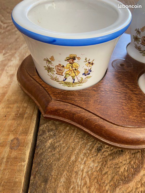 Service Sel Poivre vintage en faïence avec plateau bois décor champêtre rétro (image 7)