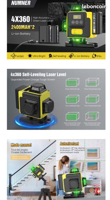 Professional Niveau Laser Autonivelant 360° X 4, Lazer Niveaux Chantier 4d 16 Lignes Laser, Mode Impulsion ExtéRieur, 2 X Batterie,Nivellement Automatique, Support Rotatif, TéLéCommande (image 9)