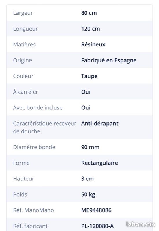 Receveur de douche extra-plat 120 × 80 cm – NEUF (image 2)