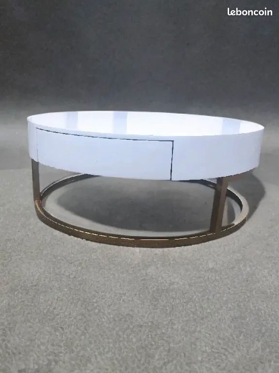 Table basse ronde blanche (style laquée) avec grand tiroir (image 1)