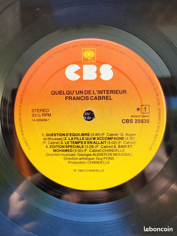 Francis Cabrel Quelqu’un de l’intérieur LP 33T EU 1983 Avec les Paroles (EX/EX) (image 4)