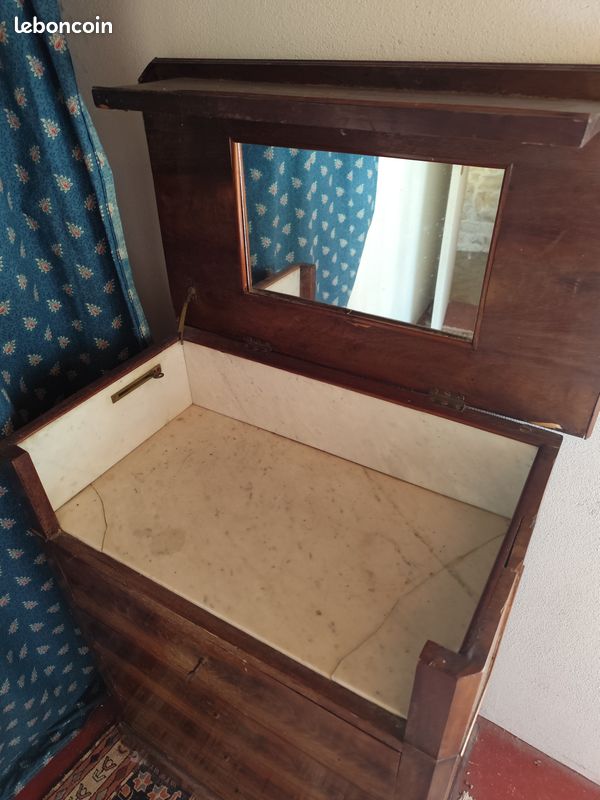 Coiffeuse ancienne à abattant avec miroir et marbre – à restaurer (image 3)
